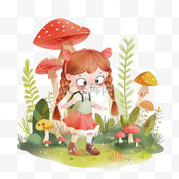 卡通蘑菇背景图片_可爱女孩植物蘑菇手绘元素春天