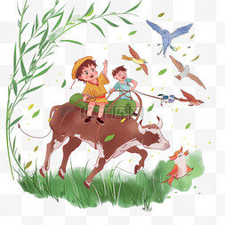 飞着的孩子图片_手绘元素清明牧童放牛卡通