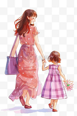 粉色格子背景图片_元素母子俩逛街卡通手绘