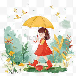 手绘花伞图片_春天春雨植物手绘元素可爱女孩