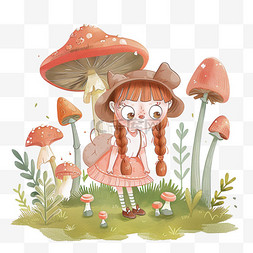 卡通绿色蘑菇图片_元素春天可爱女孩植物蘑菇手绘