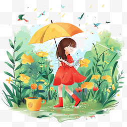 手绘拿花女孩图片_春天春雨可爱女孩手绘植物元素