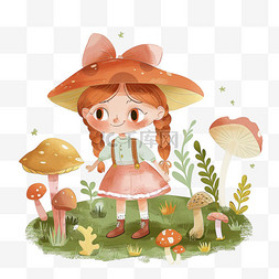 绿色背景配色图片_蘑菇春天可爱女孩植物手绘元素