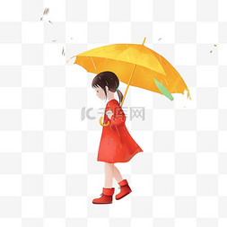 黄色的裙子卡通图片_春天春雨手绘元素可爱女孩植物