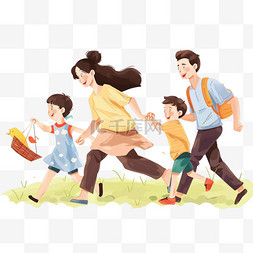 家庭可爱图片_春天一家人奔跑手绘元素卡通