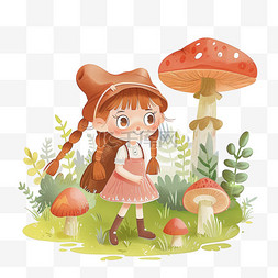 手绘春天背景简约图片_春天可爱女孩蘑菇植物手绘元素