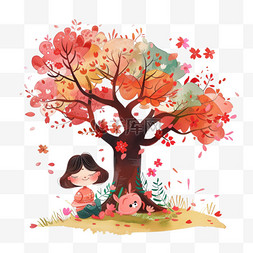 红色植物背景图片_读书日可爱孩子树下读书手绘元素