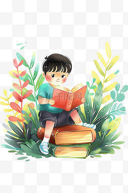 趴着看书的男孩图片_孩子读书植物卡通手绘免抠元素