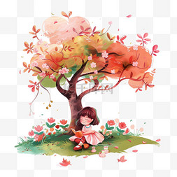 手绘春天红色花朵图片_读书日卡通可爱孩子树下读书手绘