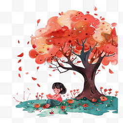读书红色图片_读书日可爱孩子树下卡通读书手绘
