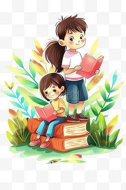 趴着看书的男孩图片_孩子读书植物免抠卡通手绘元素