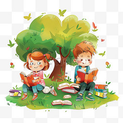 坐草地上的孩子图片_元素春天读书孩子卡通手绘