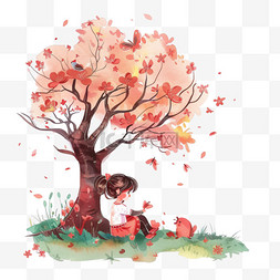 一树樱花图片_读书日可爱孩子读书树下卡通手绘