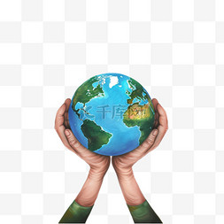 手绘蓝绿色图片_世界地球日双手捧着地球手绘元素