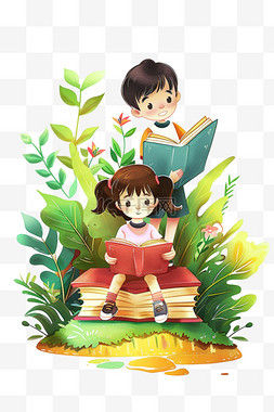 趴着看书的男孩图片_孩子读书植物手绘免抠元素卡通