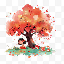 读书红色图片_读书日手绘可爱孩子树下读书卡通