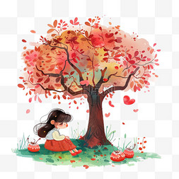 红色花朵植物图片_读书日可爱孩子树下读书卡通元素