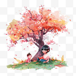 红色花朵植物图片_读书日可爱孩子树下读书手绘卡通