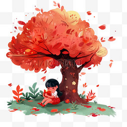 红色植物背景图片_可爱孩子树下读书日读书卡通手绘