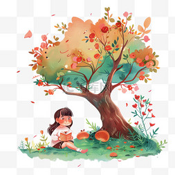 手绘樱花图片_手绘读书日可爱孩子树下读书卡通