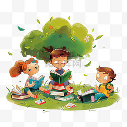 坐草地上的孩子图片_读书孩子春天卡通手绘元素