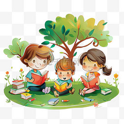 坐草地上的孩子图片_读书孩子卡通春天手绘元素