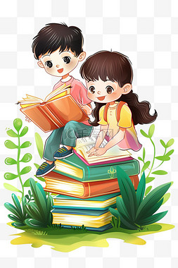 坐着看书的孩子图片_孩子读书植物卡通免抠手绘元素