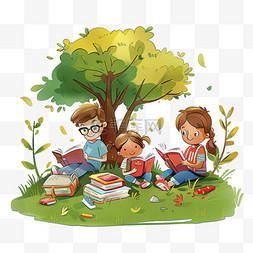坐草地上的孩子图片_手绘元素春天读书孩子卡通