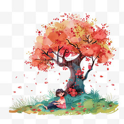 坐在树下读书图片_读书日可爱孩子树下卡通手绘读书