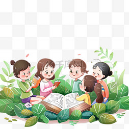 绿色植被背景图片_春天老师孩子手绘元素读书卡通