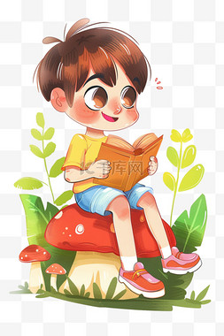 蘑菇蘑菇图片_可爱男孩看书草地卡通手绘元素