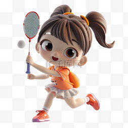 拿羽毛球拍的女孩图片_免抠打网球元素女孩开心3d