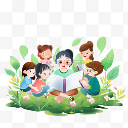 卡通手绘春天老师孩子读书元素