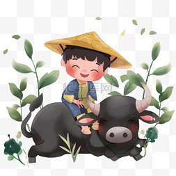 清明节手绘牛牧童卡通元素
