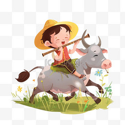 纯色简单背景图片_卡通手绘清明节牧童放牛元素
