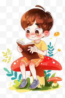 卡通看书的男孩图片_可爱男孩卡通看书草地手绘元素