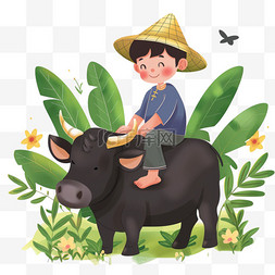 绿色植物背景手绘图片_手绘元素清明节牛牧童卡通