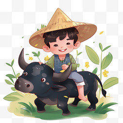 卡通黑牛图片_清明节牛牧童手绘元素