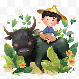 绿色植物背景手绘图片_清明节牛牧童卡通元素手绘