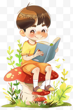 坐草地上看书图片_可爱男孩看书草地卡通元素手绘