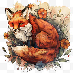 狐狸红色图片_春天可爱狐狸手绘插画元素植物免