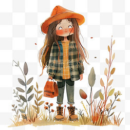 橙色格子背景图片_可爱女孩植物春天手绘插画免抠元