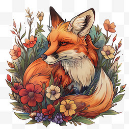 春天元素免抠可爱狐狸植物手绘插