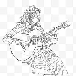 女孩素描图片_素描吉他女孩元素立体免抠图案