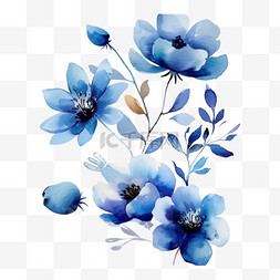 蓝色水彩花插画元素