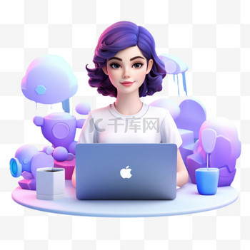 电脑办公女性元素立体免抠图案