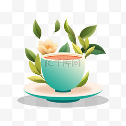 绿色茶叶插画图片_青绿色茶杯花茶茶汤简约风格春天