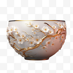 青花瓷碗勺图片_浮雕瓷碗元素立体免抠图案