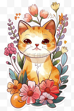 手绘花朵贴纸图片_可爱小猫手绘春天花朵卡通元素
