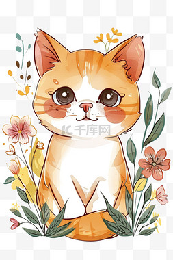 普可爱图片_可爱小猫元素春天花朵卡通手绘
